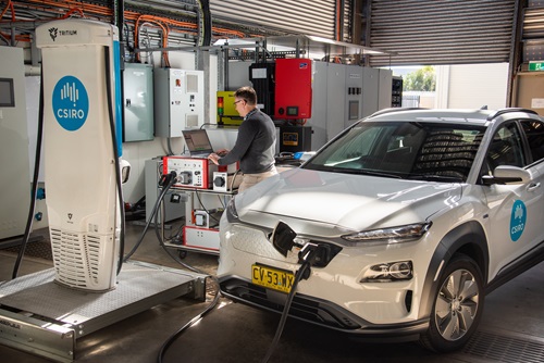 Electric car being recharged and tested in CSIRO lab