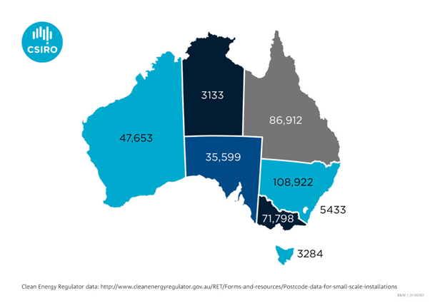 An infographic of Australia showing where solar PV installations are occurring.